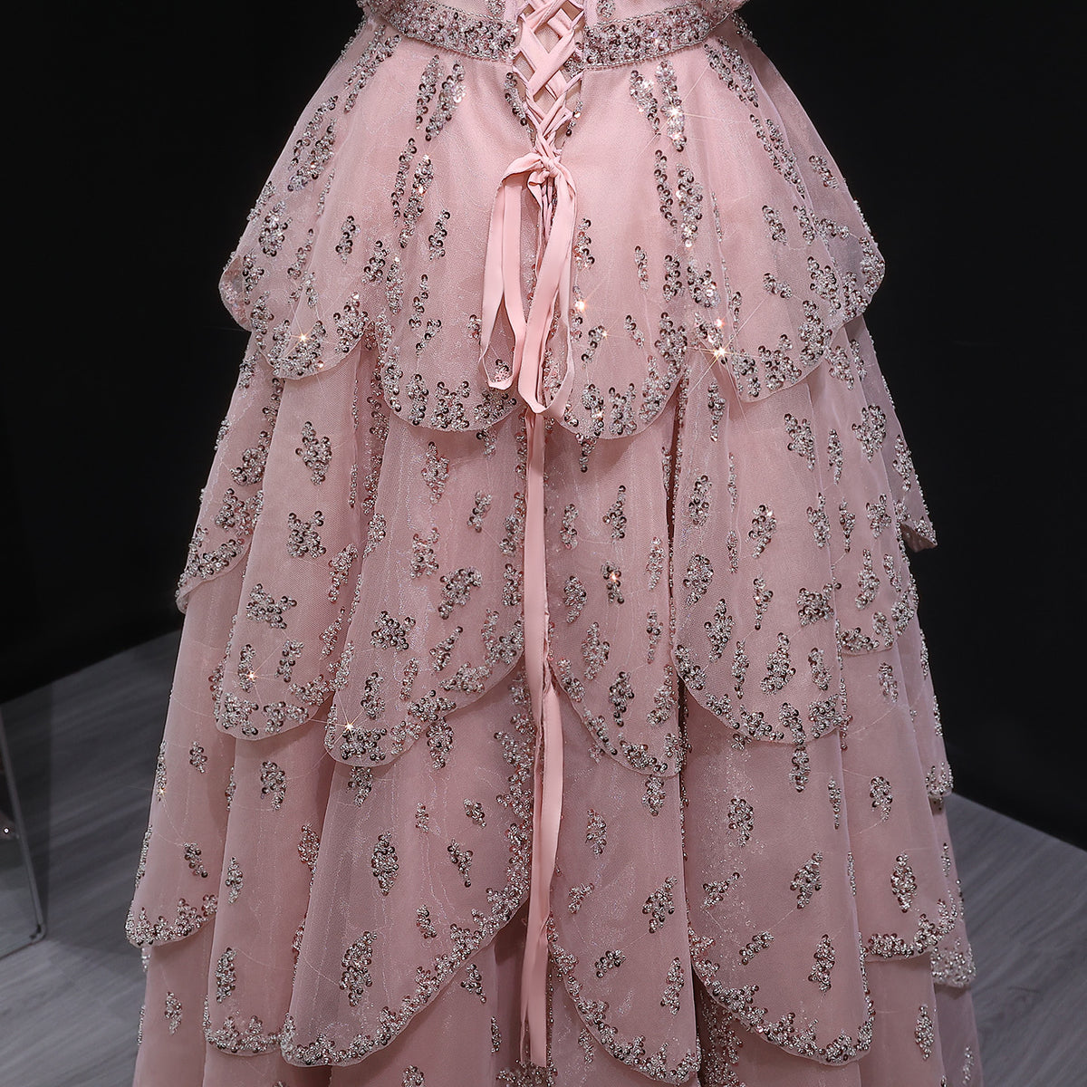 Romantic Pink Sequin Strapless Layered Evening Dress SS612 