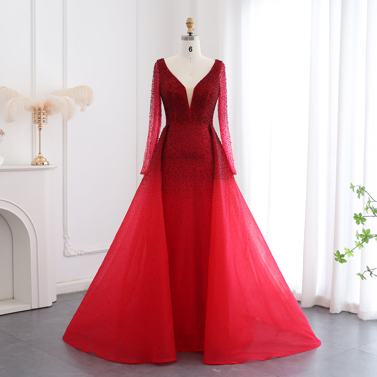 Sharon Said Luxury Crystal Burgundy Evening Dresses with Overskirt Long Sleeves Elegant Arabic Women Wedding Party Gowns SS293