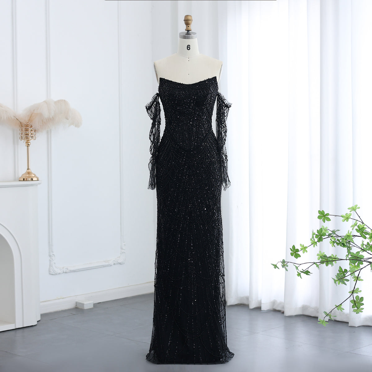 Luxury Beaded Black Strapless Evening Dress with Sleeves SS113