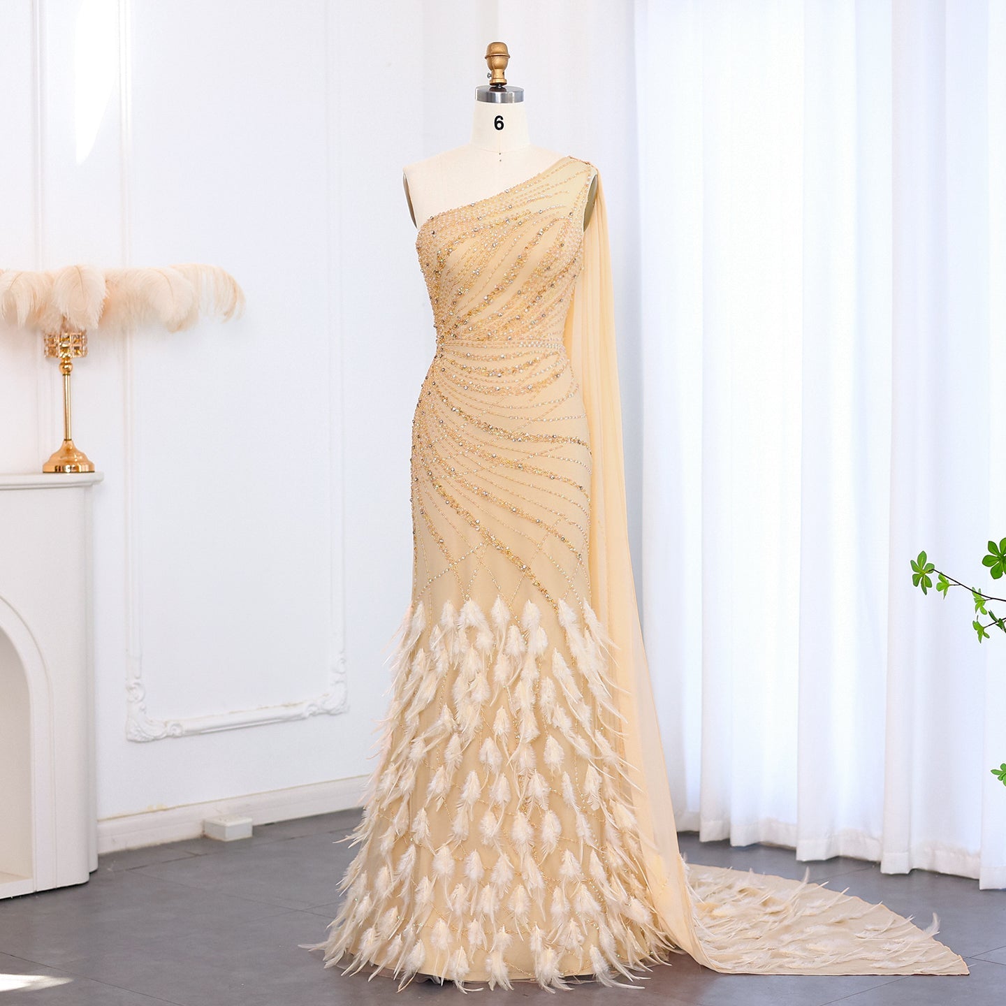 ワンピース ETMON Stair Shirring Punching Dress, Light Beige Luxury Feather Turquoise One Shoulder Evening Dress SS498