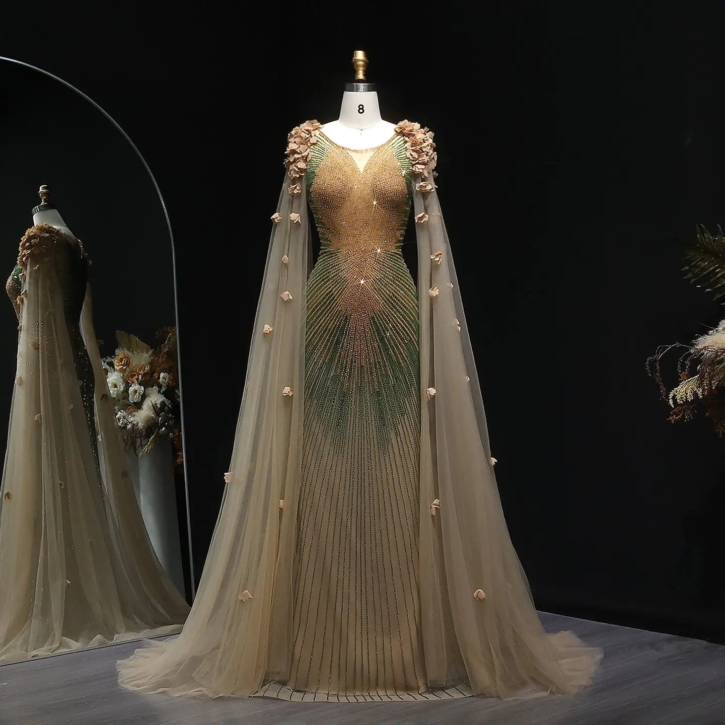 dress flower luxury Luxury Beaded 3D flowers Evening Dress with Cape SS022
