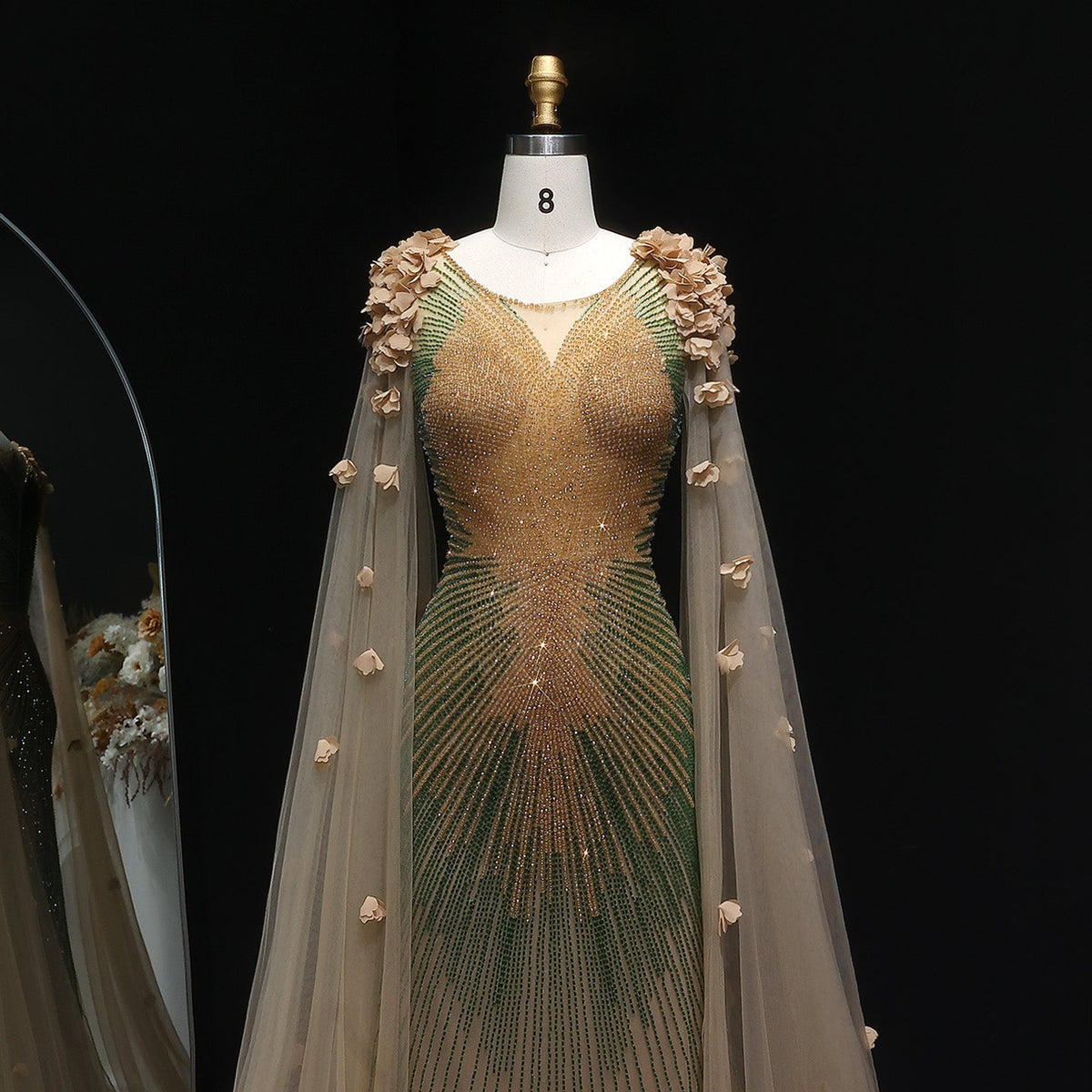 Luxury Beaded 3D flowers Evening Dress with Cape SS022