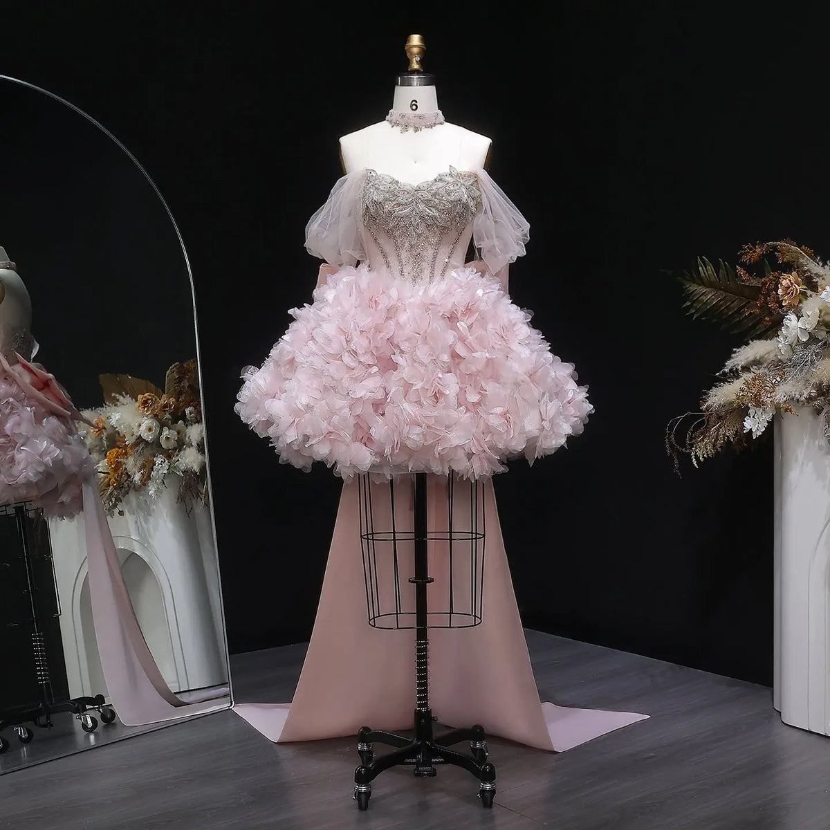 Luxury Pink 3D Floral Train Evening Dress with Overskirt and Bow SS740 