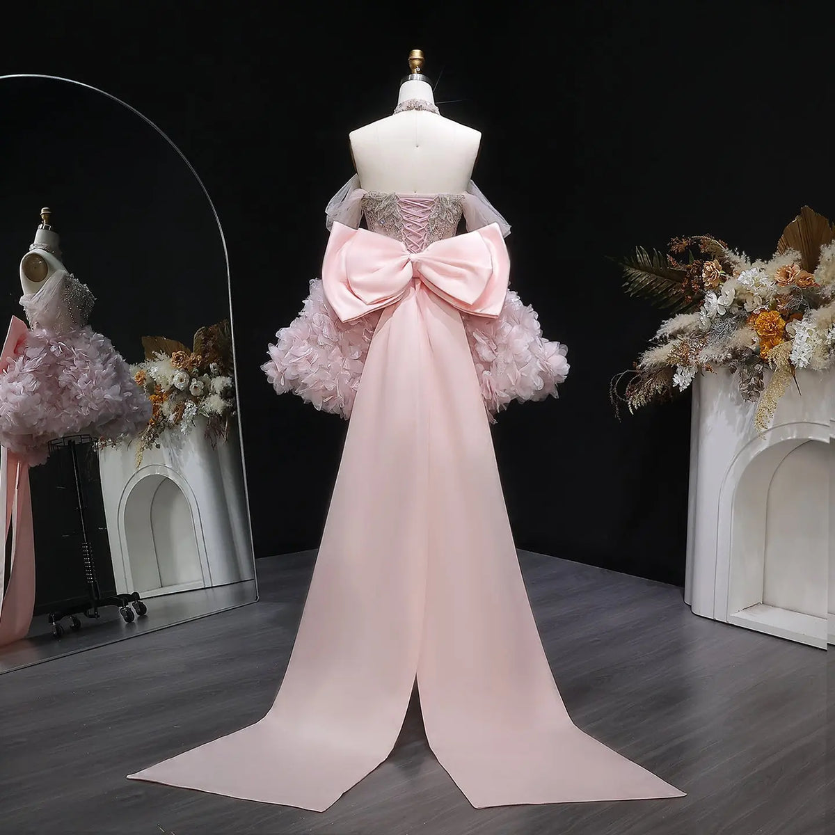 Luxury Pink 3D Floral Train Evening Dress with Overskirt and Bow SS740 