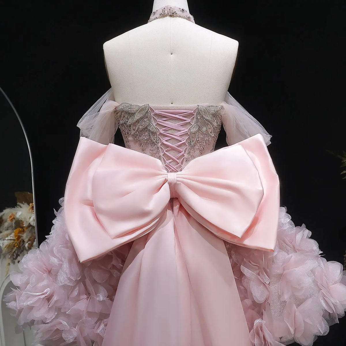 Luxury Pink 3D Floral Train Evening Dress with Overskirt and Bow SS740 