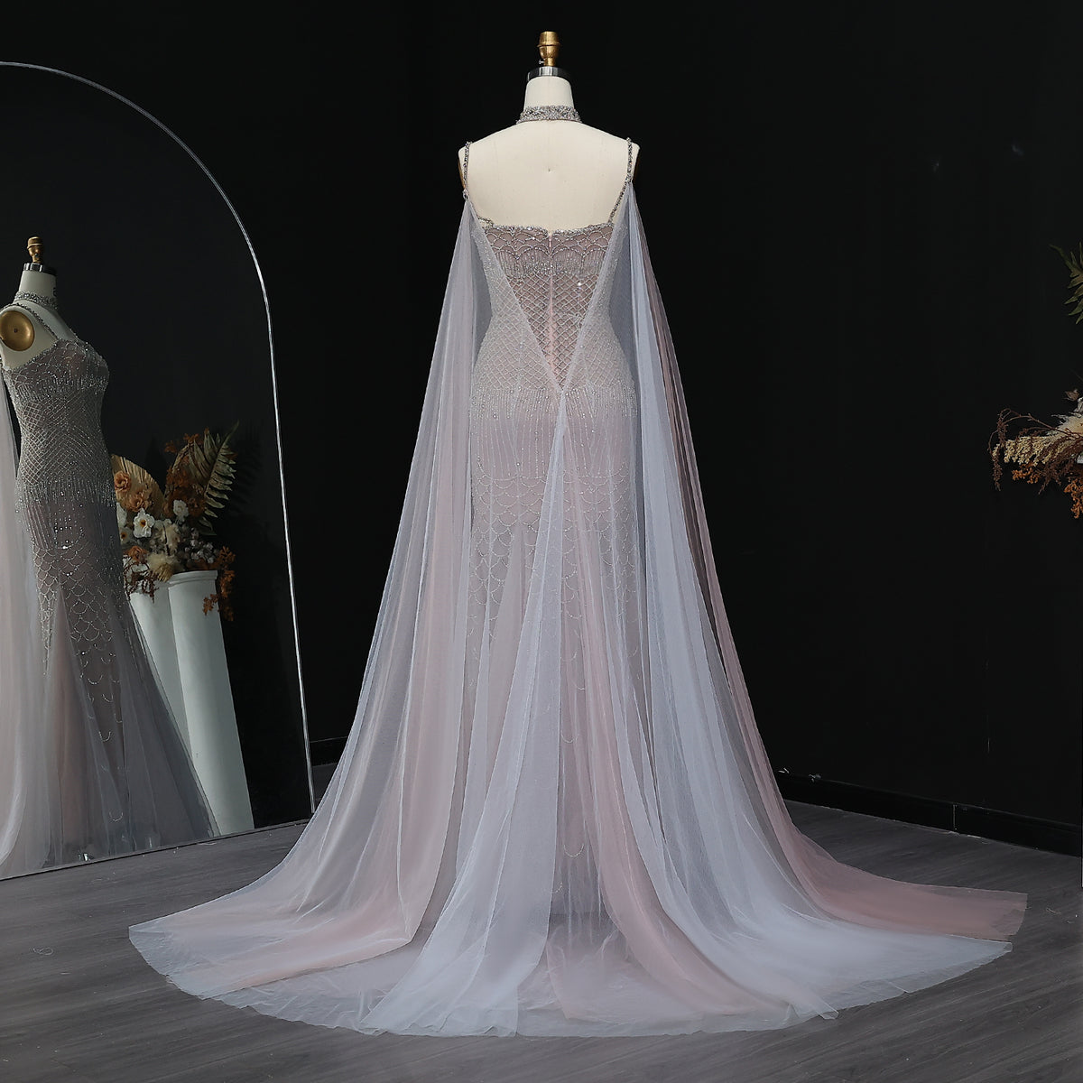 Elegant Beaded Lotus Pink Evening Dress with Sheer Cape Choker SS509 