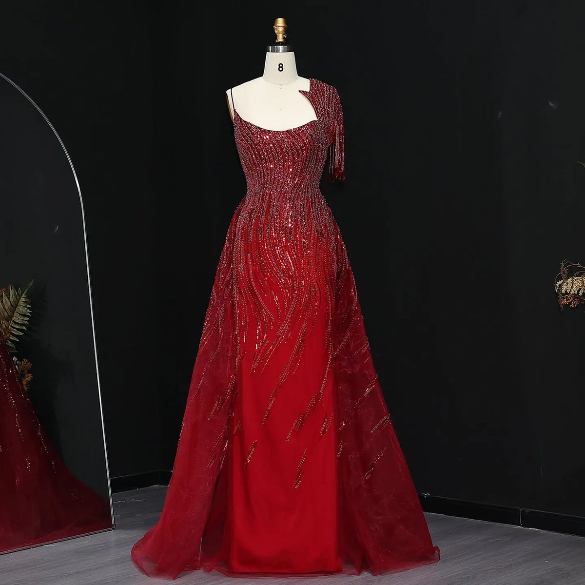 Luxury Beaded Tassel Red One Shoulder Evening Dress with Overskirt SS008 