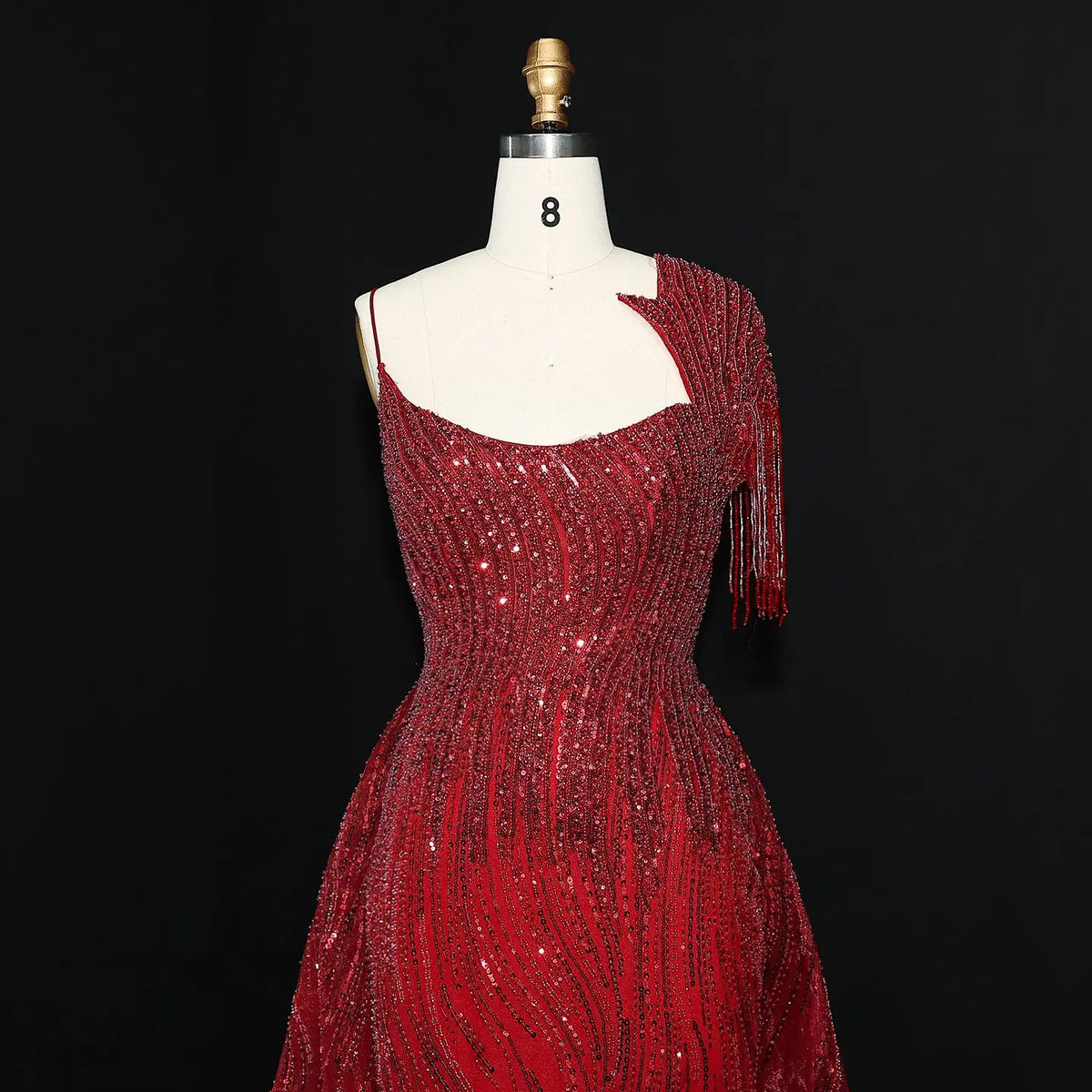 Luxury Beaded Tassel Red One Shoulder Evening Dress with Overskirt SS008 