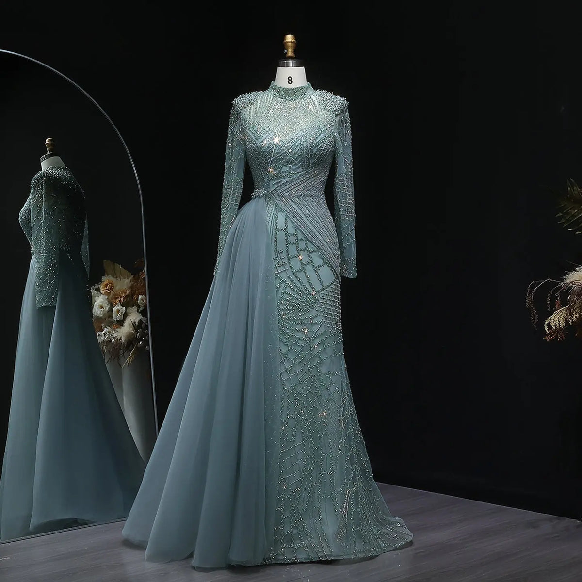 Glamorous Beaded Turquoise Evening Dress with Overskirt and Slit SS064