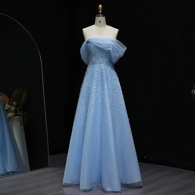 Luxury Beaded Blue Off Shoulder Evening Dress SS510 