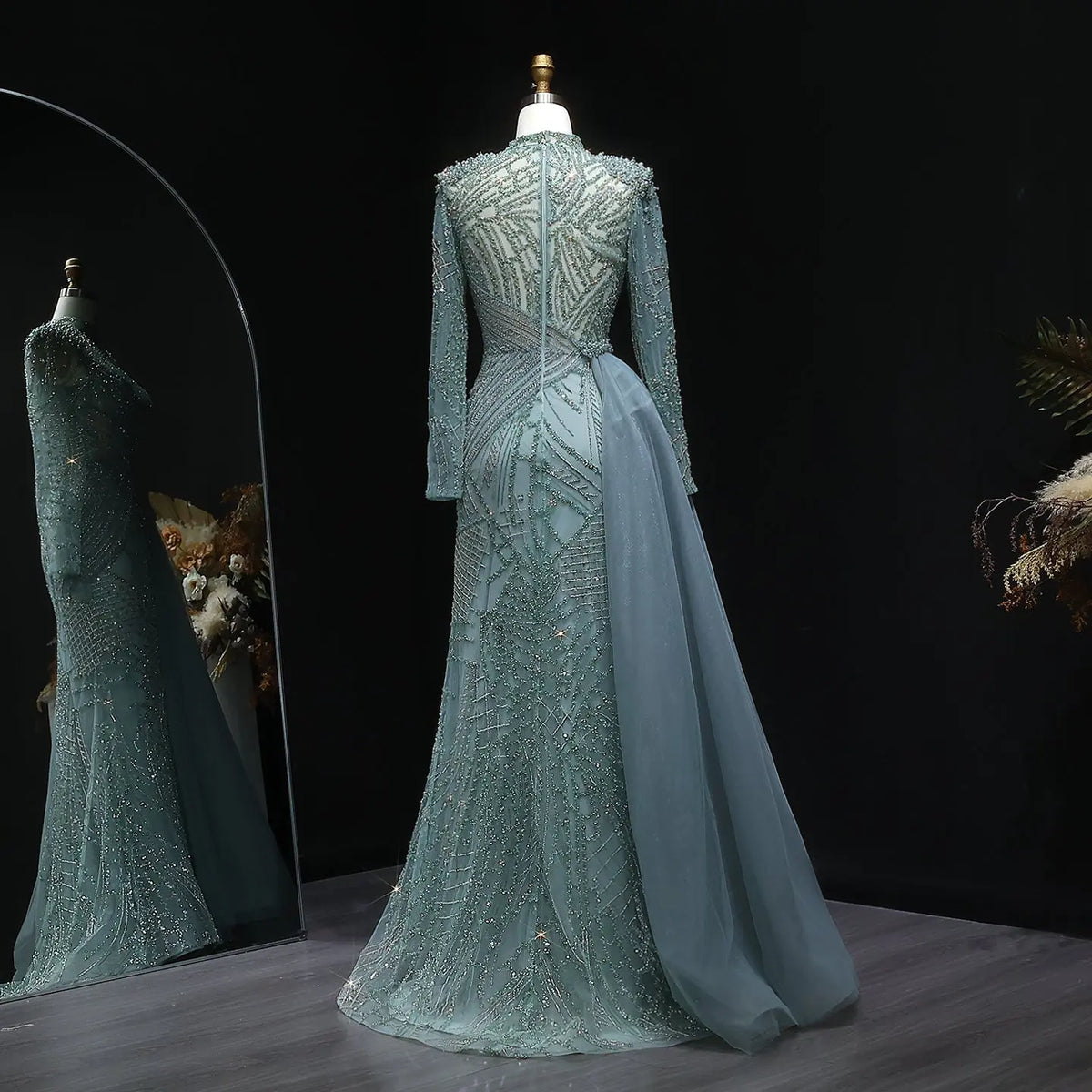 Luxury Beaded Evening Dress With Flowing Overskirt SS064 Turquoise / 16 Luxury Beaded Evening Dress With Flowing Overskirt SS064 Turquoise / 16