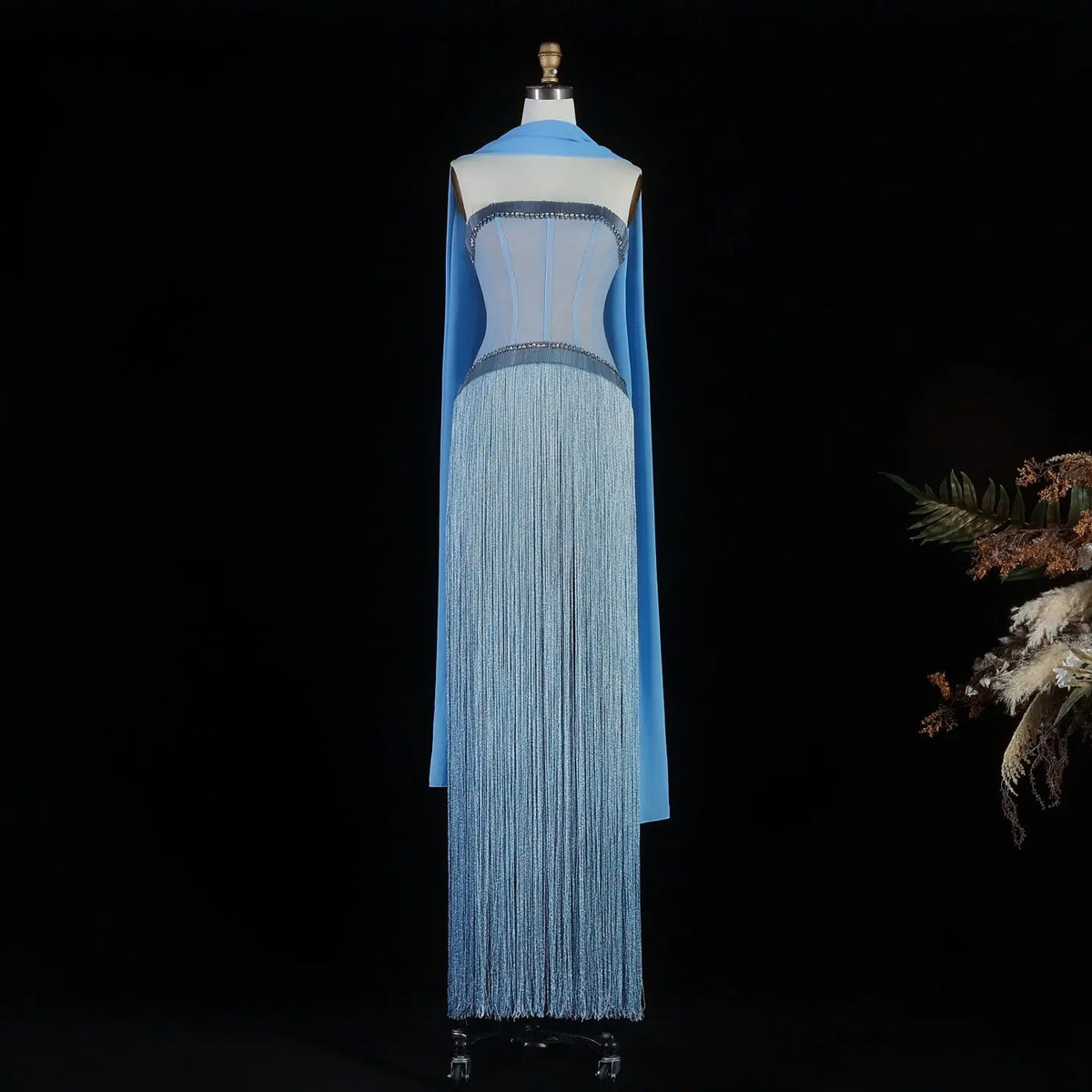 Elegant Blue Strapless Crystal Fringe Evening Dress SS520