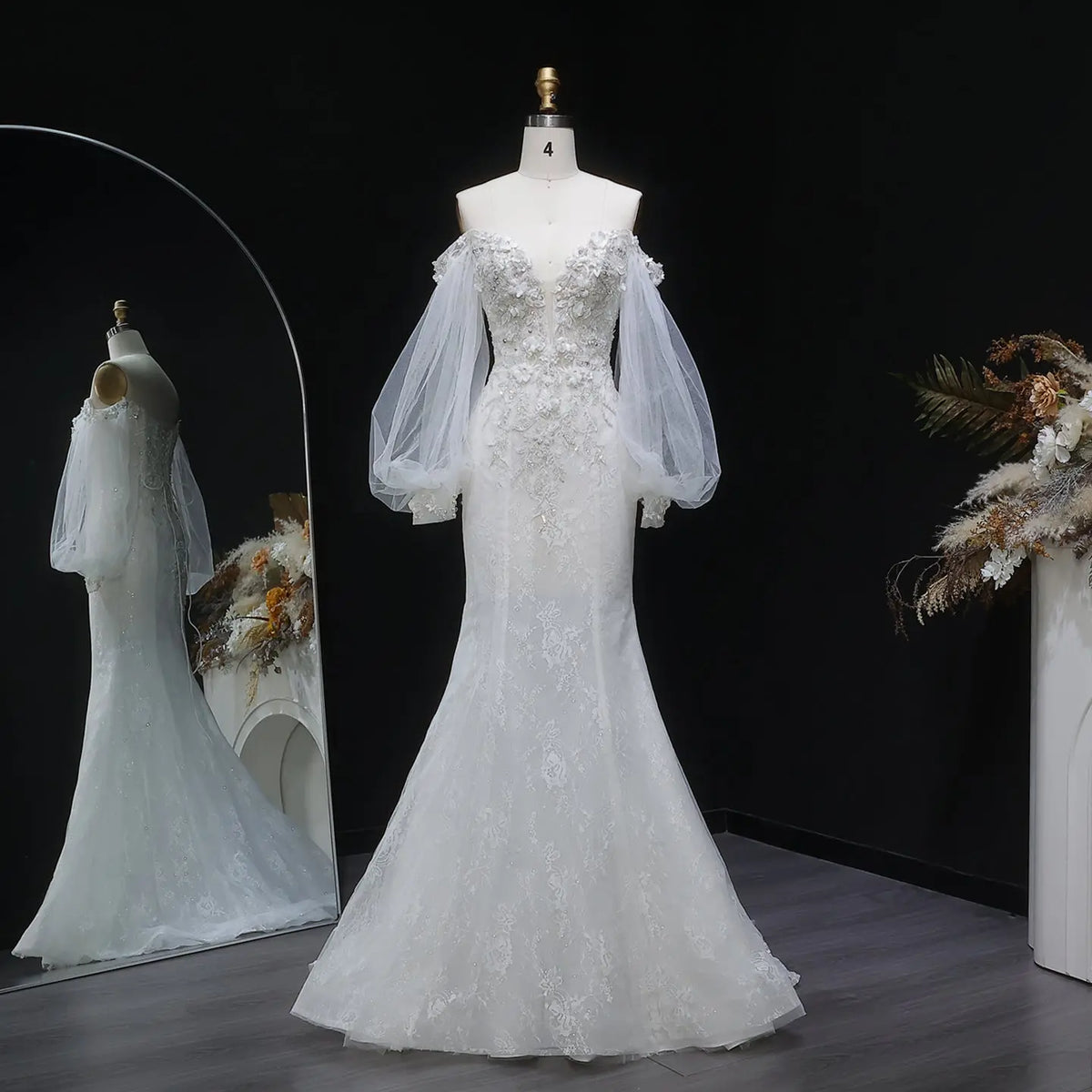 White Puff Sleeve 3D Floral Mermaid Wedding Dress SW630