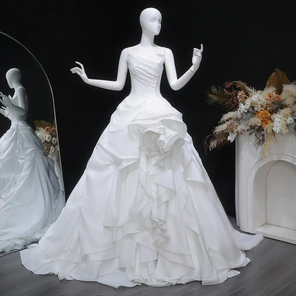 White Ruched Tiered Satin Wedding Dress SW628