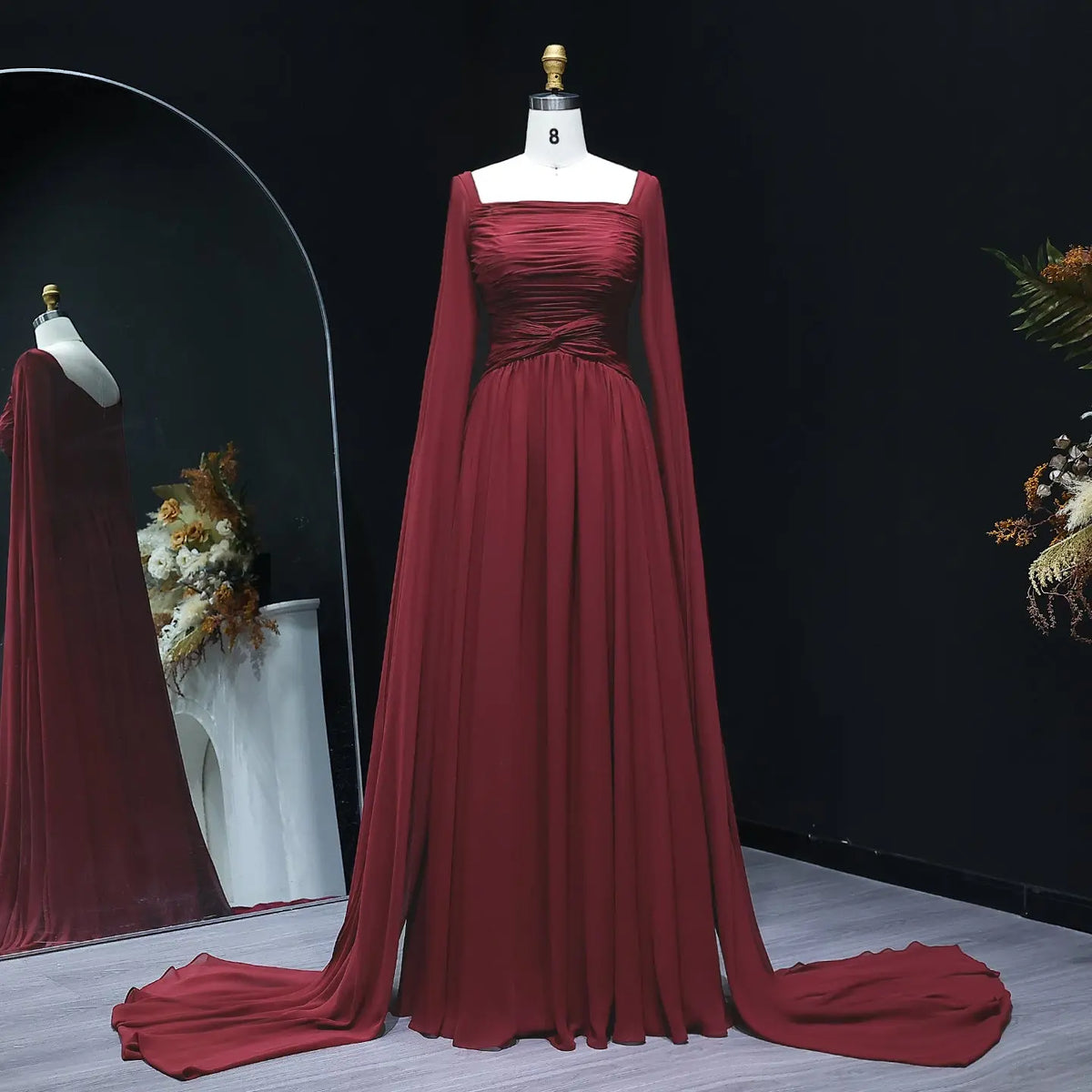 Elegant Red Chiffon Evening Dresses with Cape Sleeves SF032 Elegant Red Chiffon Evening Dresses with Cape Sleeves SF032
