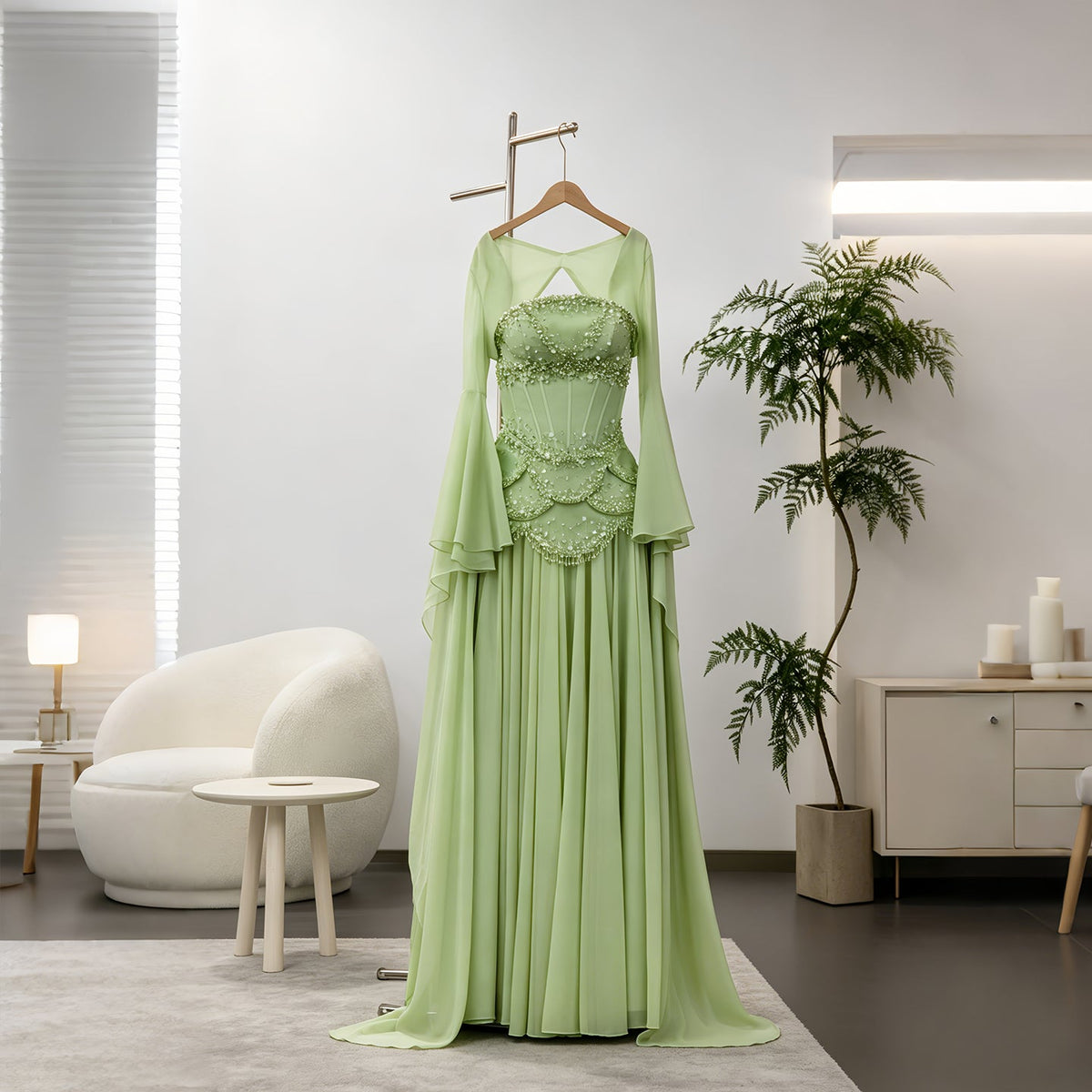 Luxury Pearls Tassel Blue and Yellow Evening Dress with Flowing Sleeves SS286 