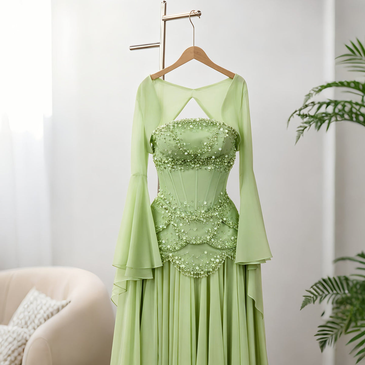 Luxury Pearls Tassel Blue and Yellow Evening Dress with Flowing Sleeves SS286 