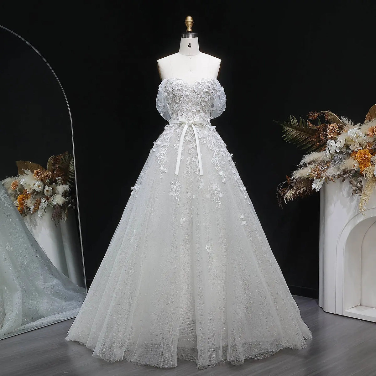White 3D Floral Sweetheart Ball Gown Dress SW629