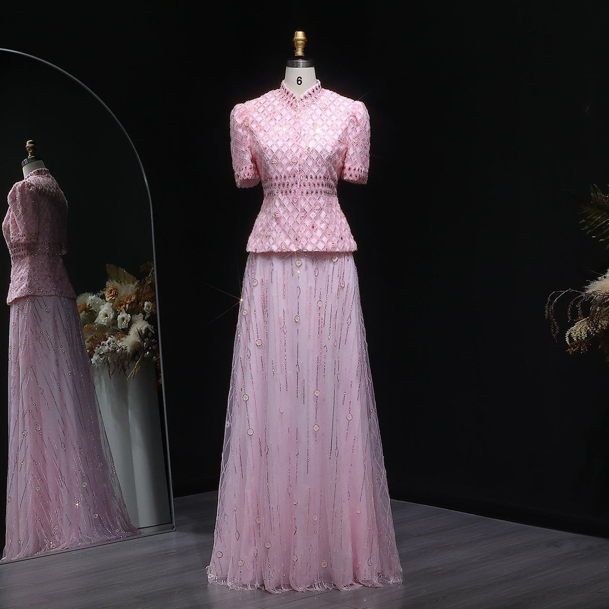 Luxury Pink Crystal Two Piece Evening Dresses Wedding Party SS546
