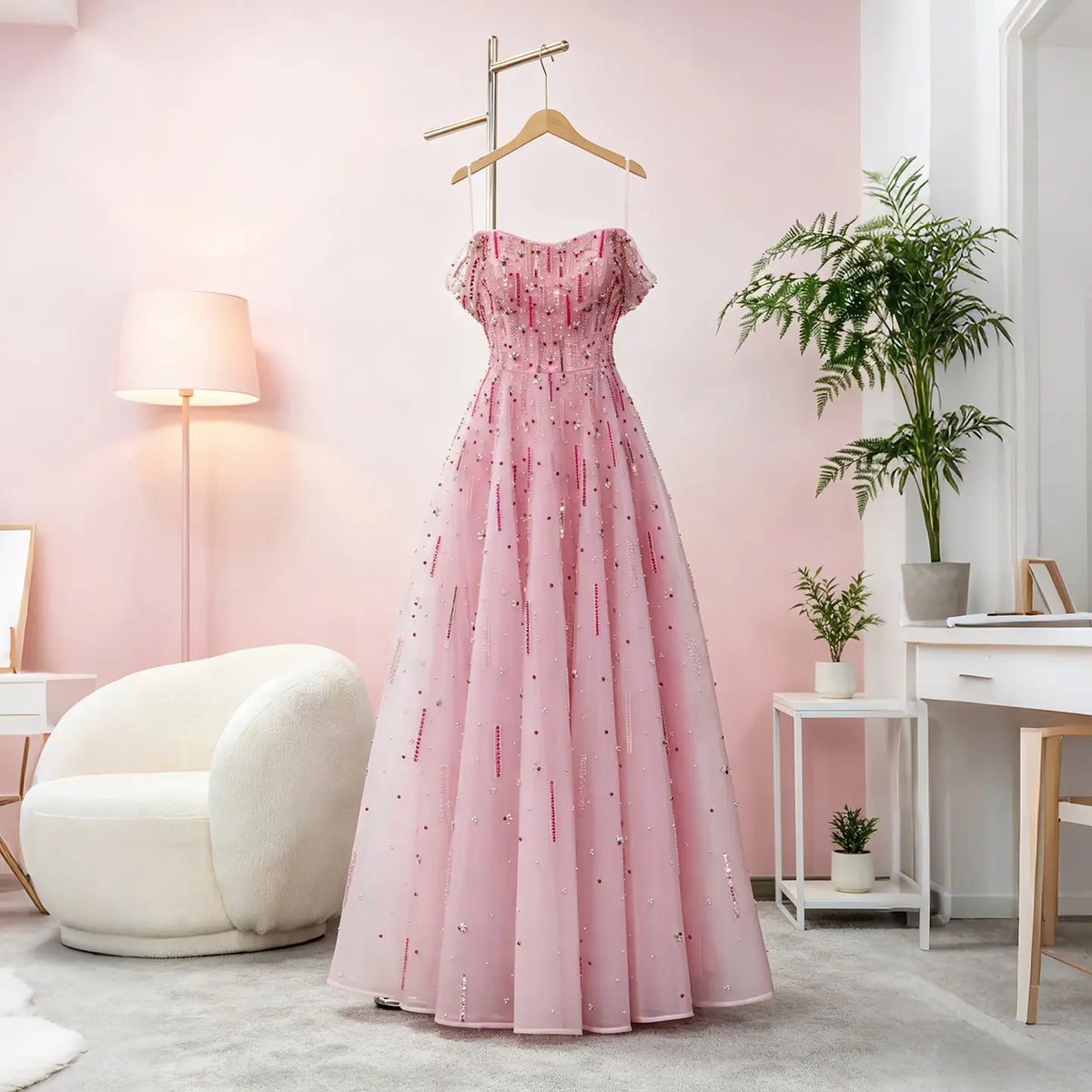 Elegant Pink Sequin Beaded Off Shoulder Evening Dress SS226 