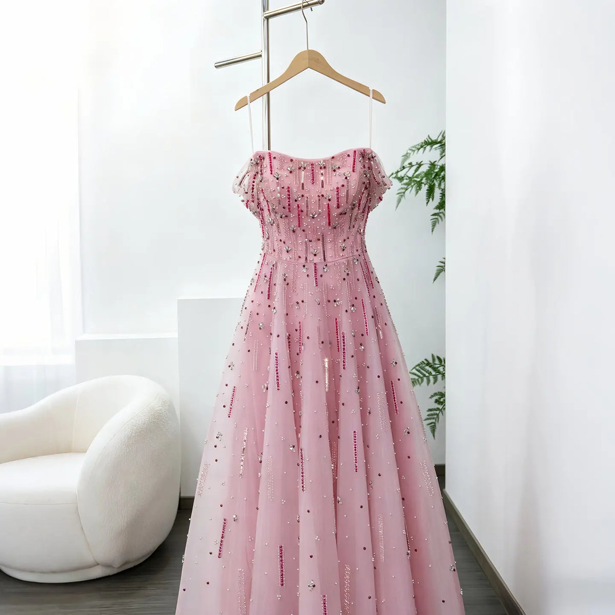 Elegant Pink Sequin Beaded Off Shoulder Evening Dress SS226 