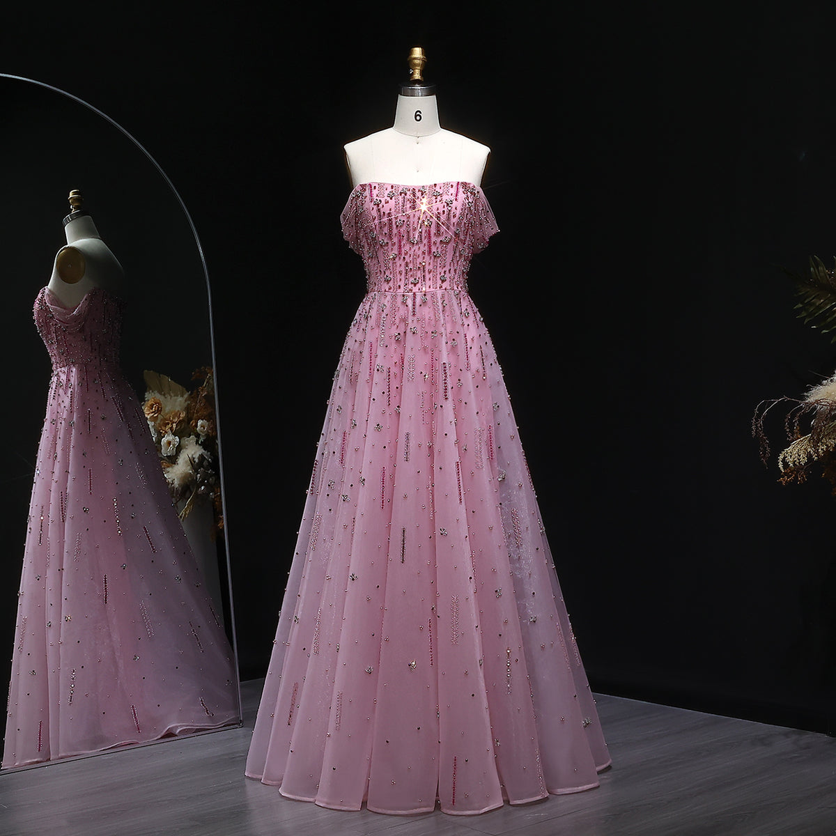 Elegant Pink Sequin Beaded Off Shoulder Evening Dress SS226 