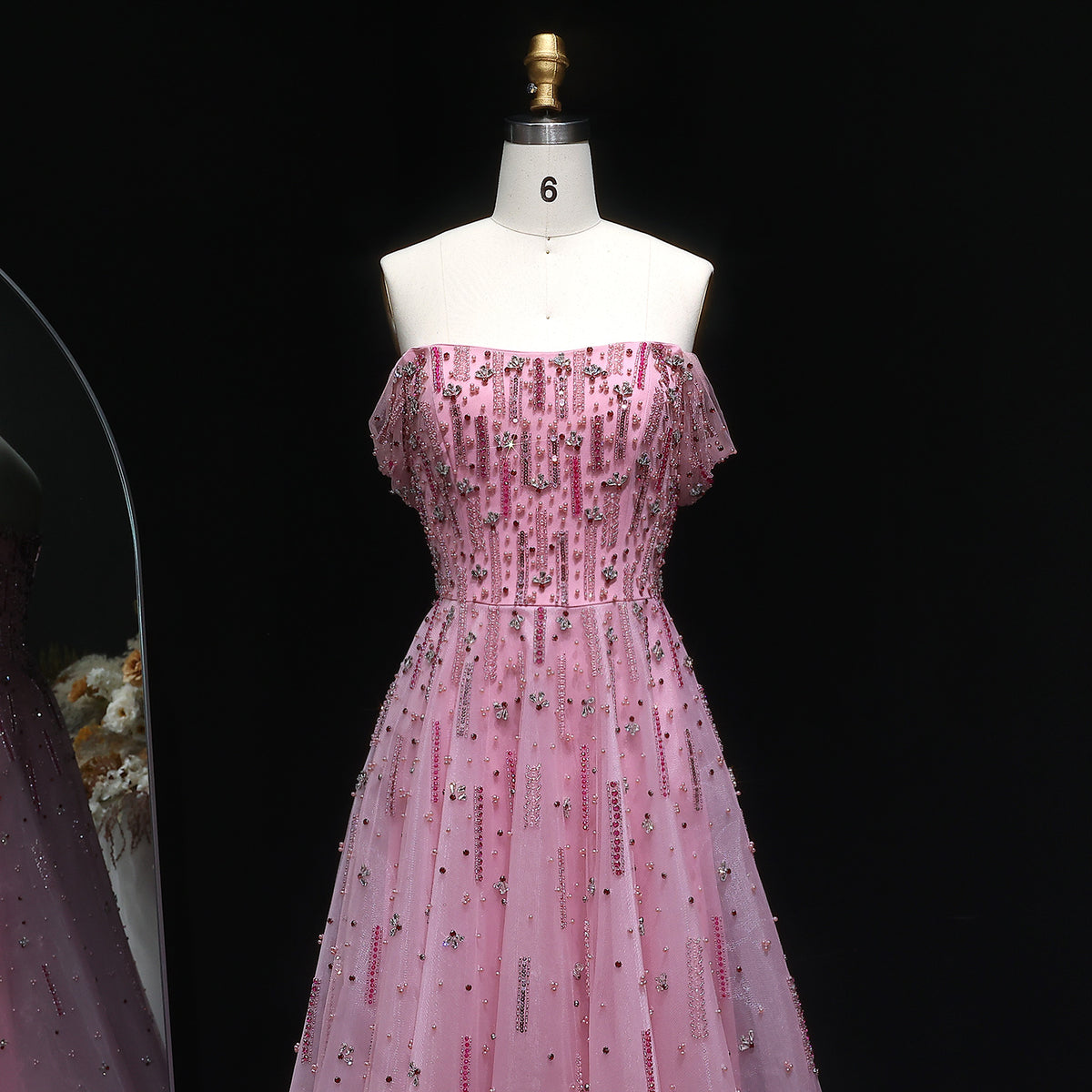 Elegant Pink Sequin Beaded Off Shoulder Evening Dress SS226 