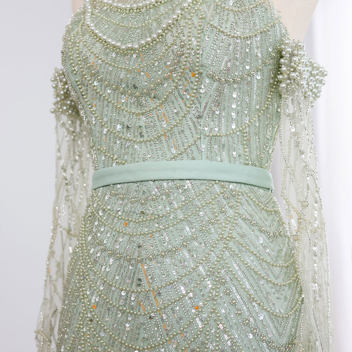 Luxury Nude Halter Mermaid Evening Dress with Gloves SS689 