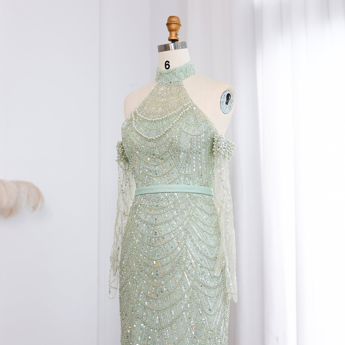 Luxury Nude Halter Mermaid Evening Dress with Gloves SS689 