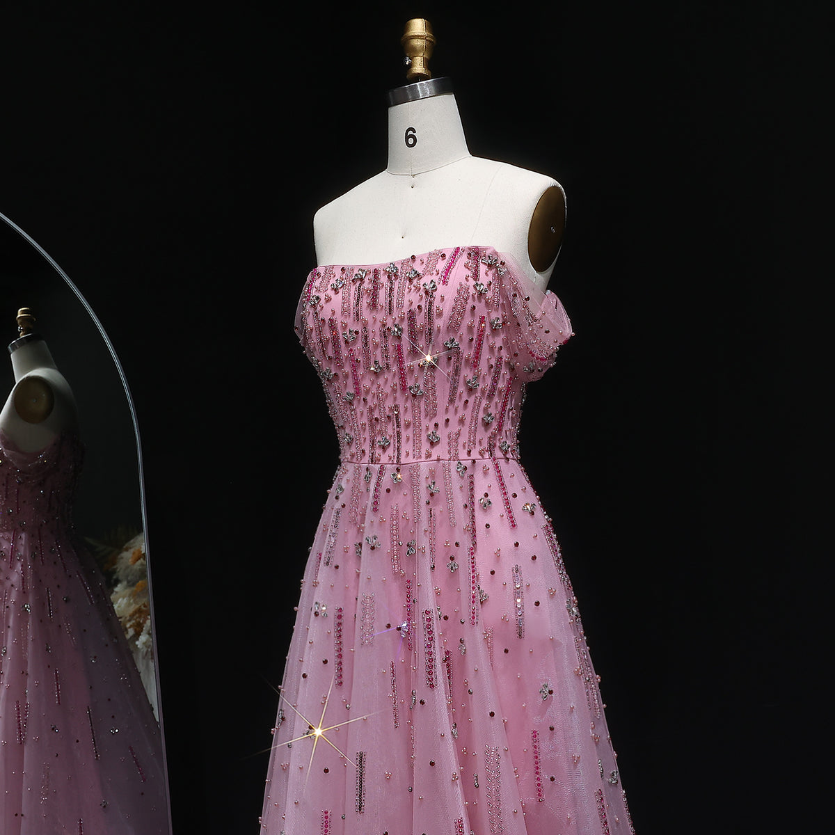 Elegant Pink Sequin Beaded Off Shoulder Evening Dress SS226 