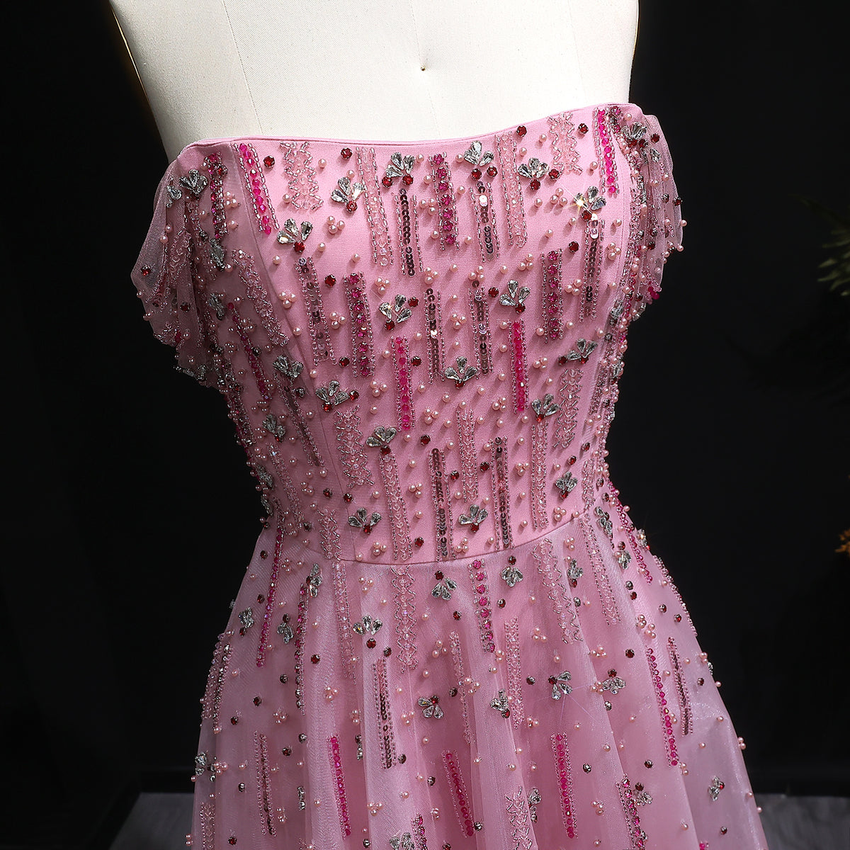 Elegant Pink Sequin Beaded Off Shoulder Evening Dress SS226 