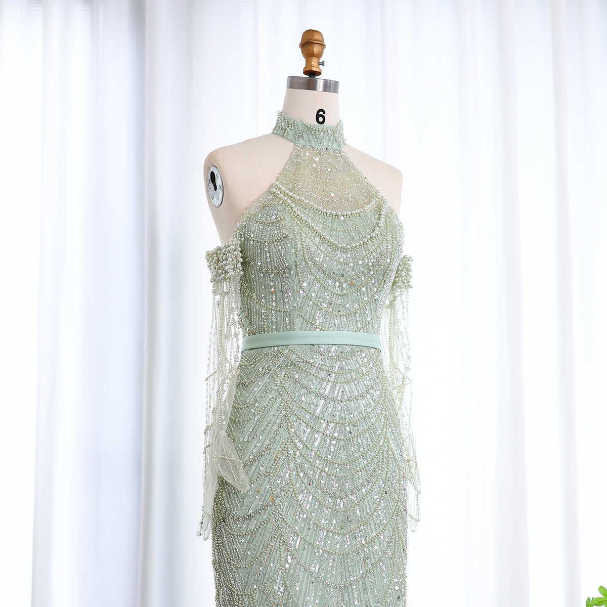 Luxury Nude Halter Mermaid Evening Dress with Gloves SS689 