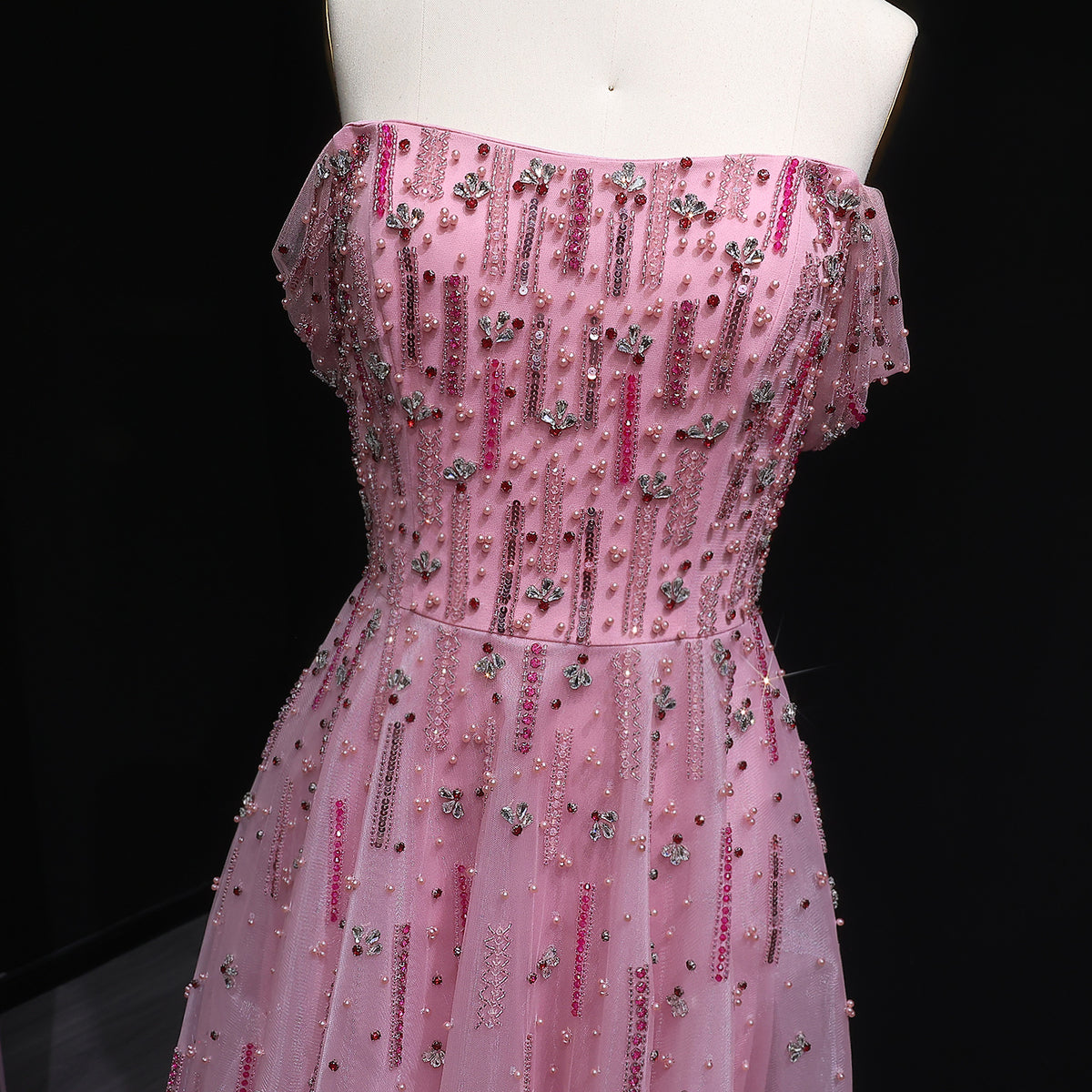 Elegant Pink Sequin Beaded Off Shoulder Evening Dress SS226 