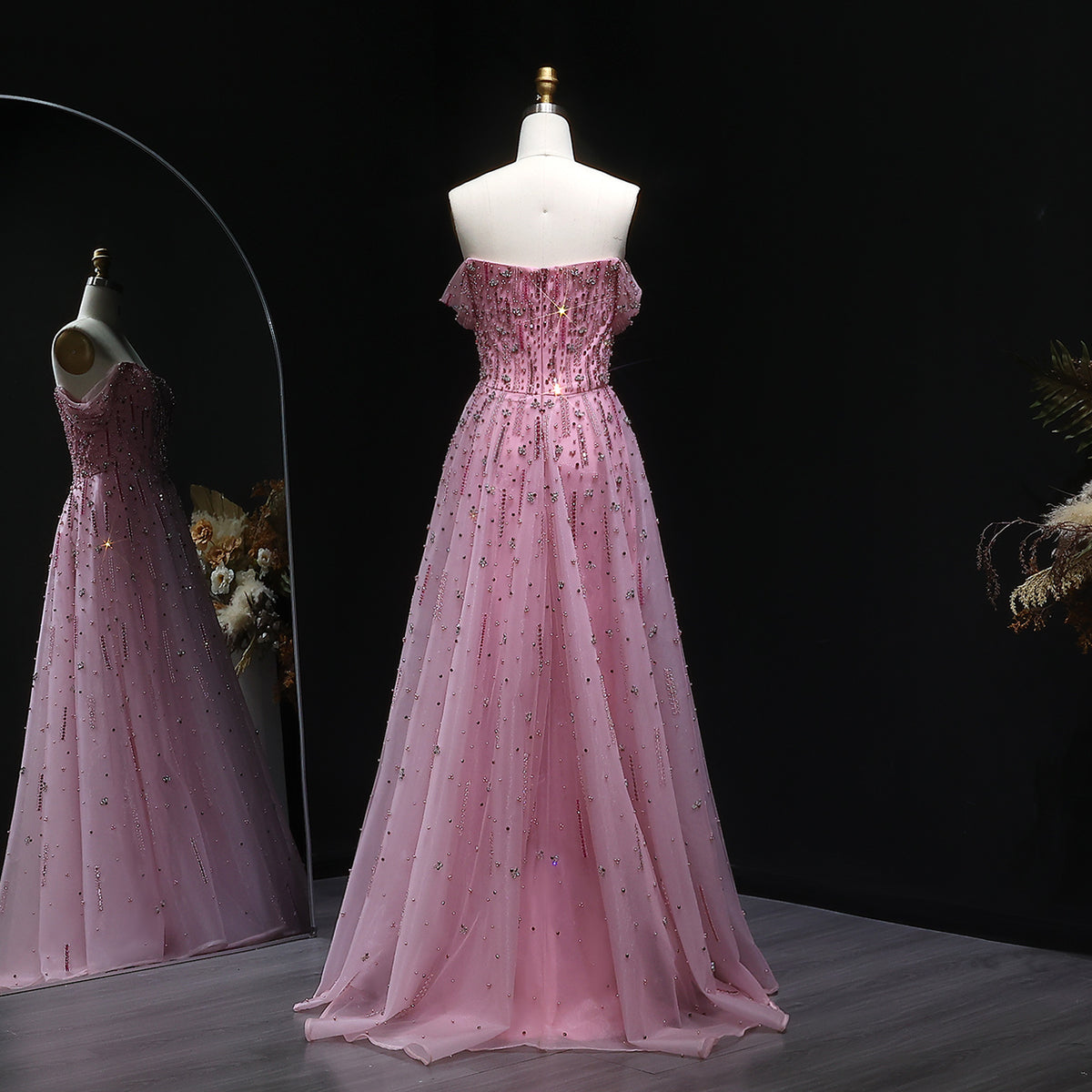 Elegant Pink Sequin Beaded Off Shoulder Evening Dress SS226 