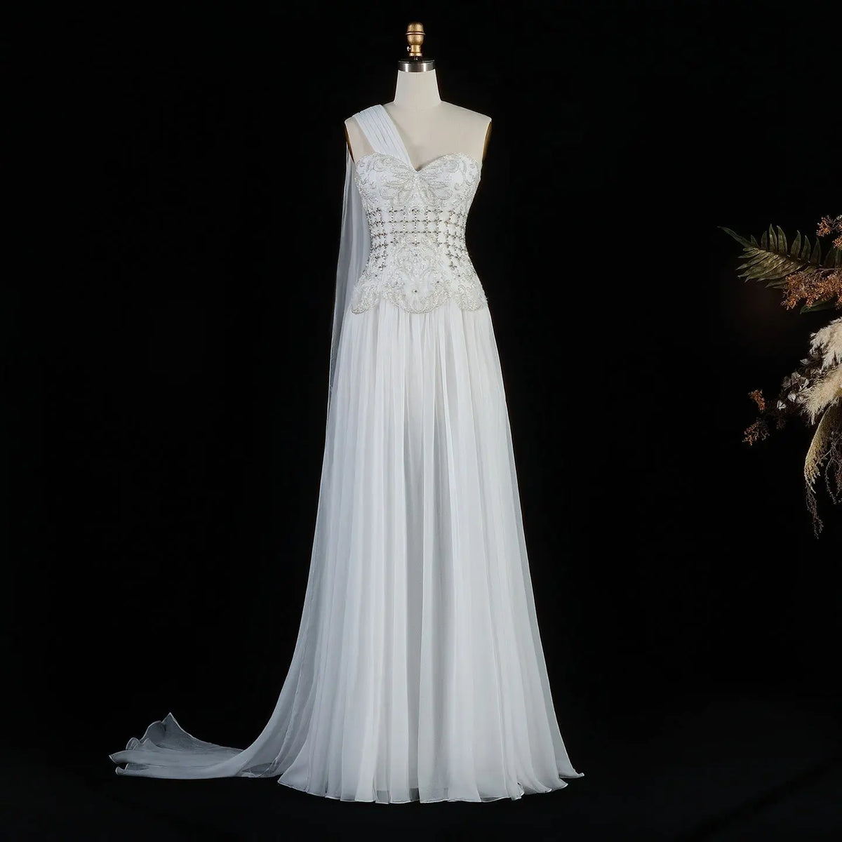 Luxury Blush Pink Beaded 3D Floral One-Shoulder Cape Evening Dress SS285 