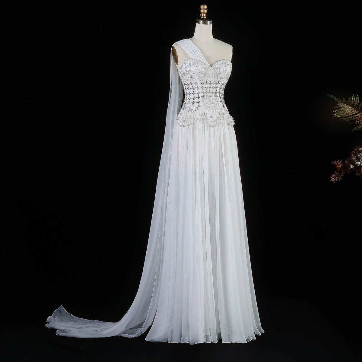Luxury Blush Pink Beaded 3D Floral One-Shoulder Cape Evening Dress SS285 