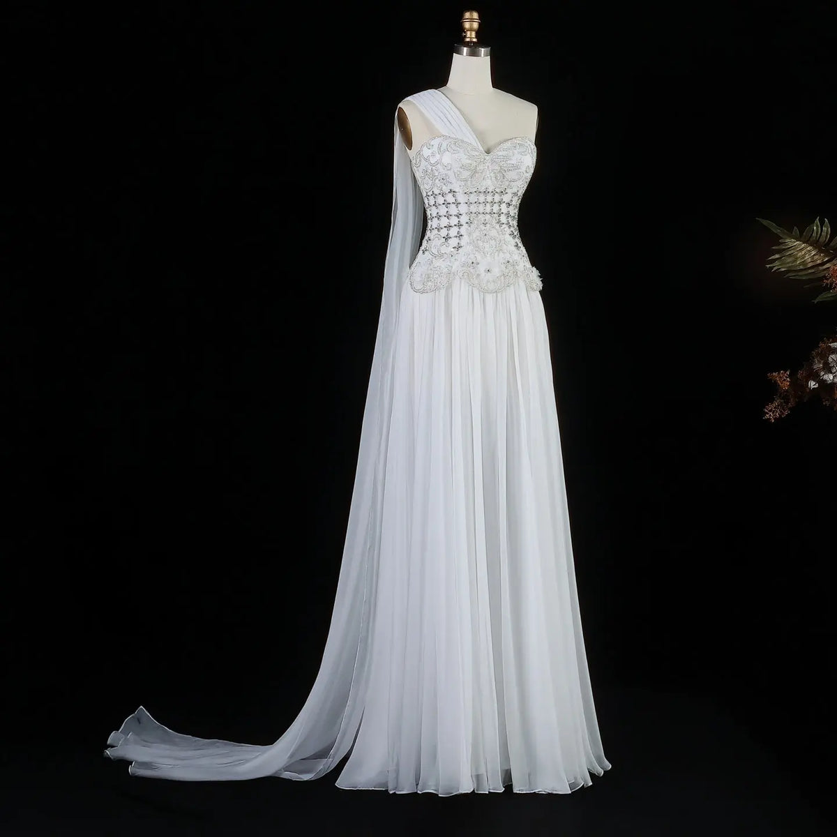 Luxury Blush Pink Beaded 3D Floral One-Shoulder Cape Evening Dress SS285 