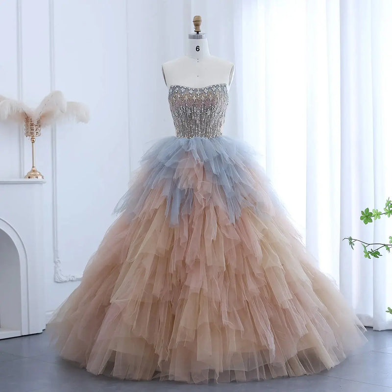 Luxury Rose Gold Ruffles Ball Gown Evening Dress SS731 