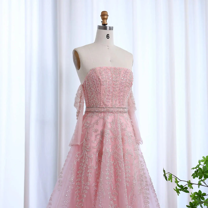 Luxury Beaded Lilac Strapless Evening Dress with Sleeves SS462 