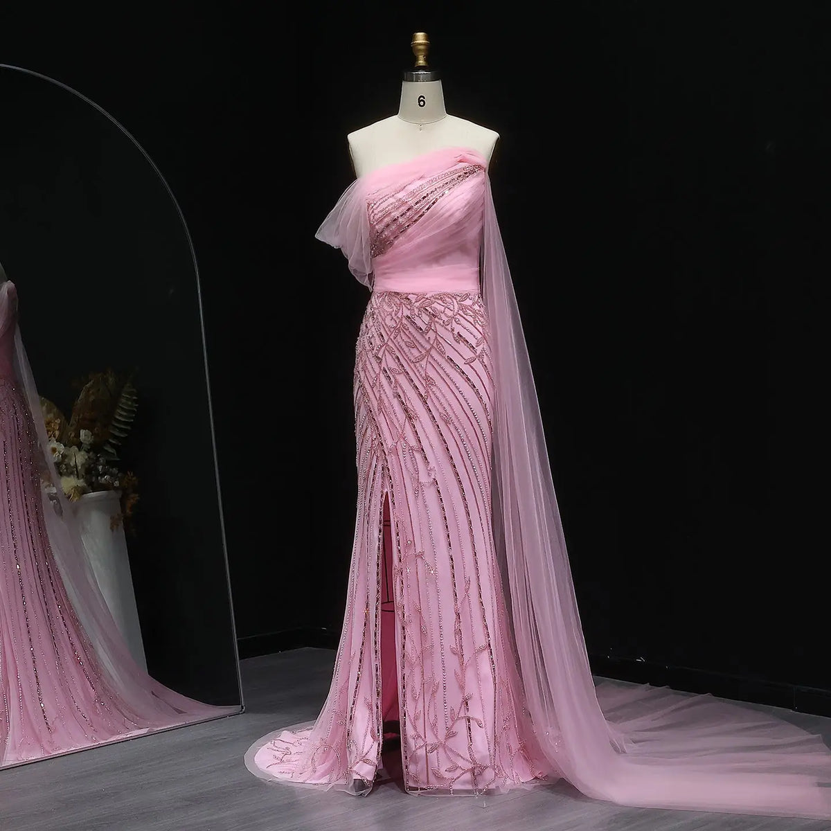 Chic Off Shoulder Pink Evening Dress with Cape Sleeves High Slit SS466 