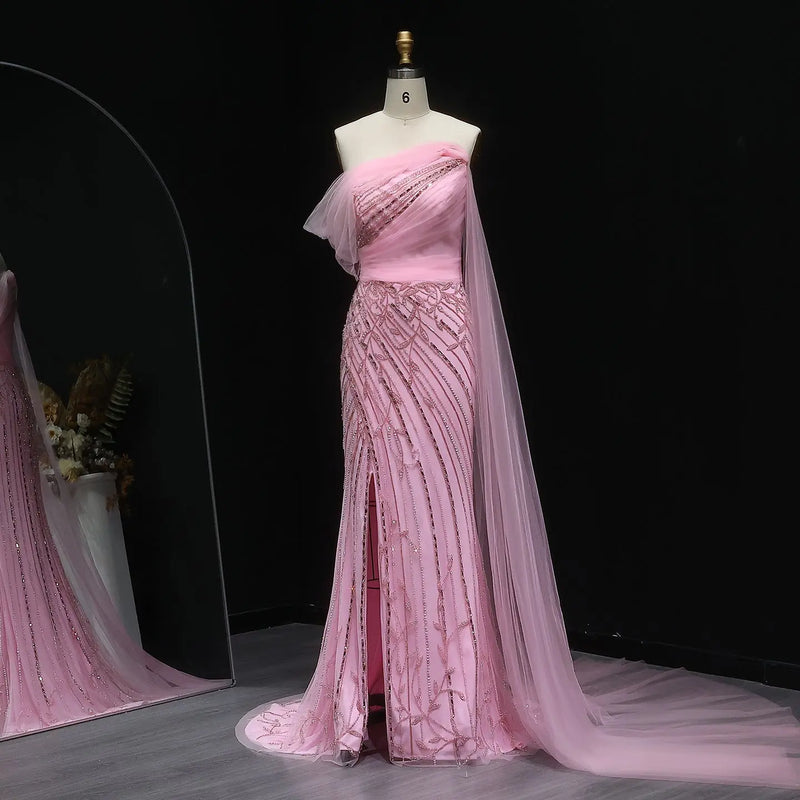 Chic Off Shoulder Pink Evening Dress with Cape Sleeves High Slit SS466 
