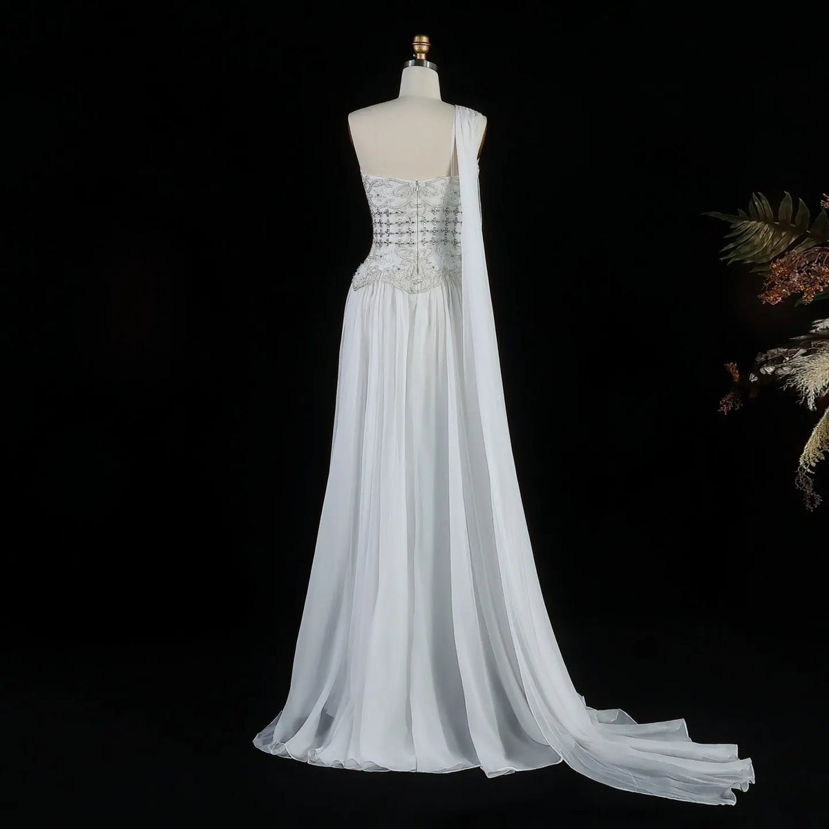 Luxury Blush Pink Beaded 3D Floral One-Shoulder Cape Evening Dress SS285 