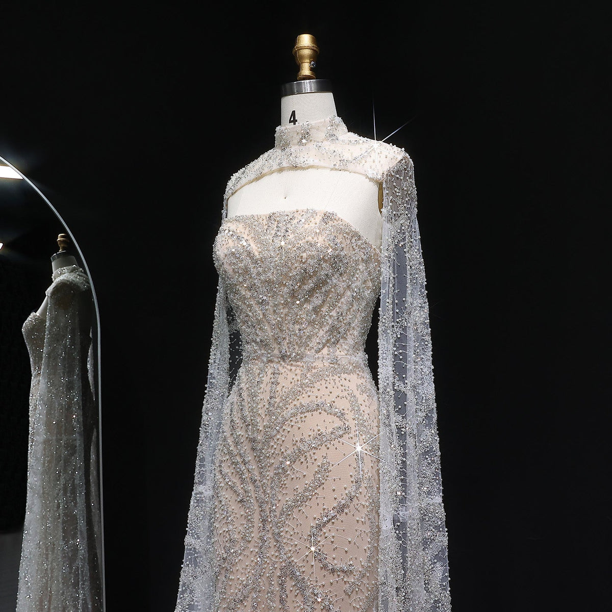 Luxury Beaded Red Mermaid Evening Dress with Cape Sleeves SH543