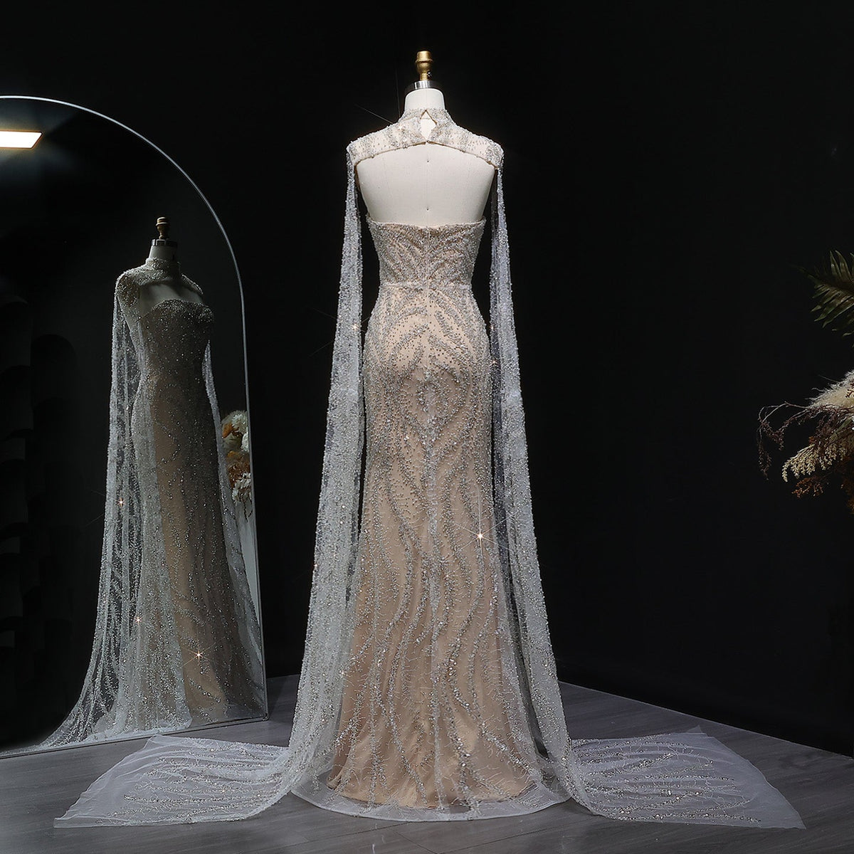 Luxury Beaded Red Mermaid Evening Dress with Cape Sleeves SH543