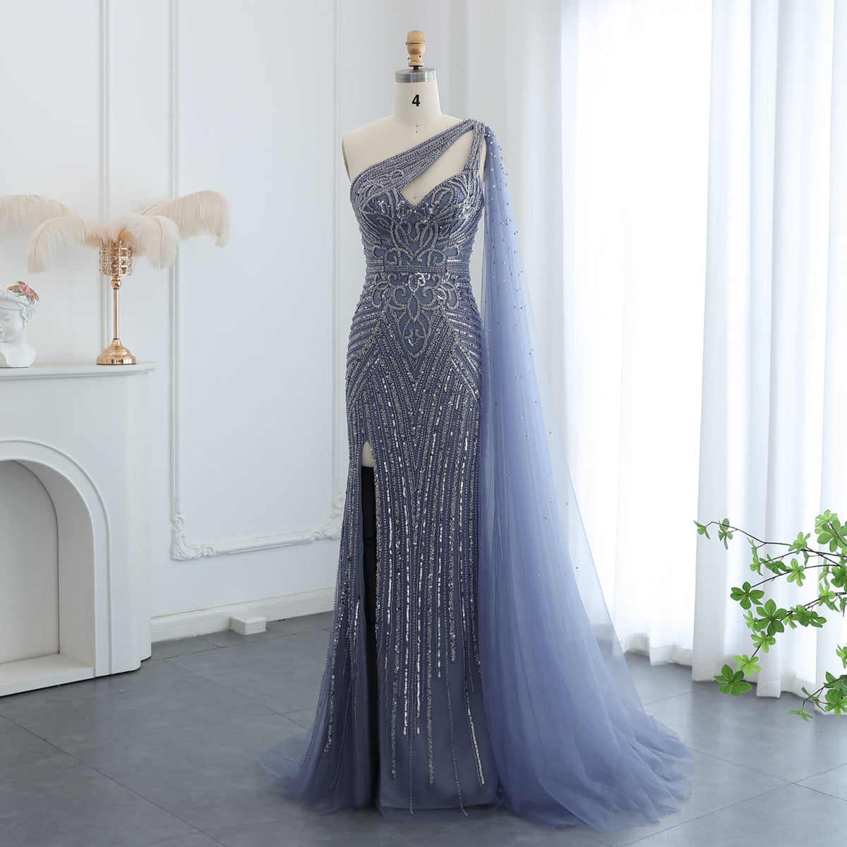 Sharon Said Luxury Beaded Blue Mermaid Nude Evening Dress with Cape Sleeve One Shoulder Side Slit Women Wedding Party Gowns SS175