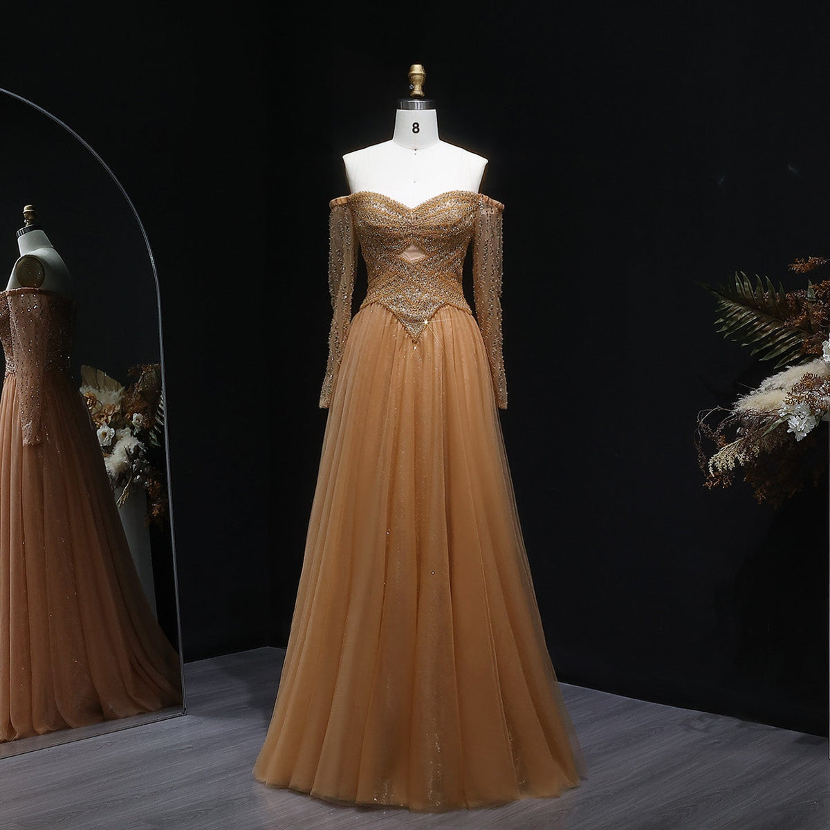 Luxury Champagne Off Shoulder Arabic Evening Dress SS116  Caramel / US 18