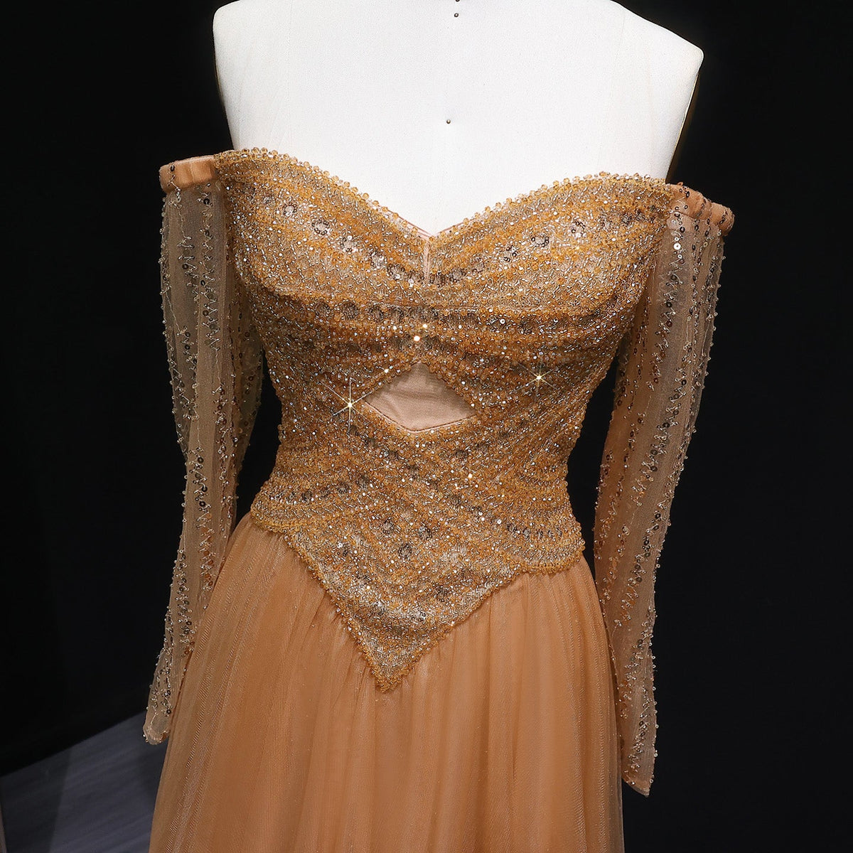 Luxury Champagne Off Shoulder Arabic Evening Dress SS116