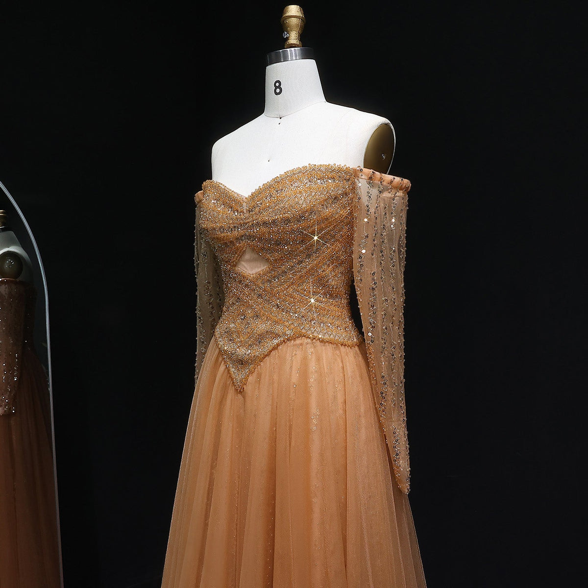 Luxury Champagne Off Shoulder Arabic Evening Dress SS116