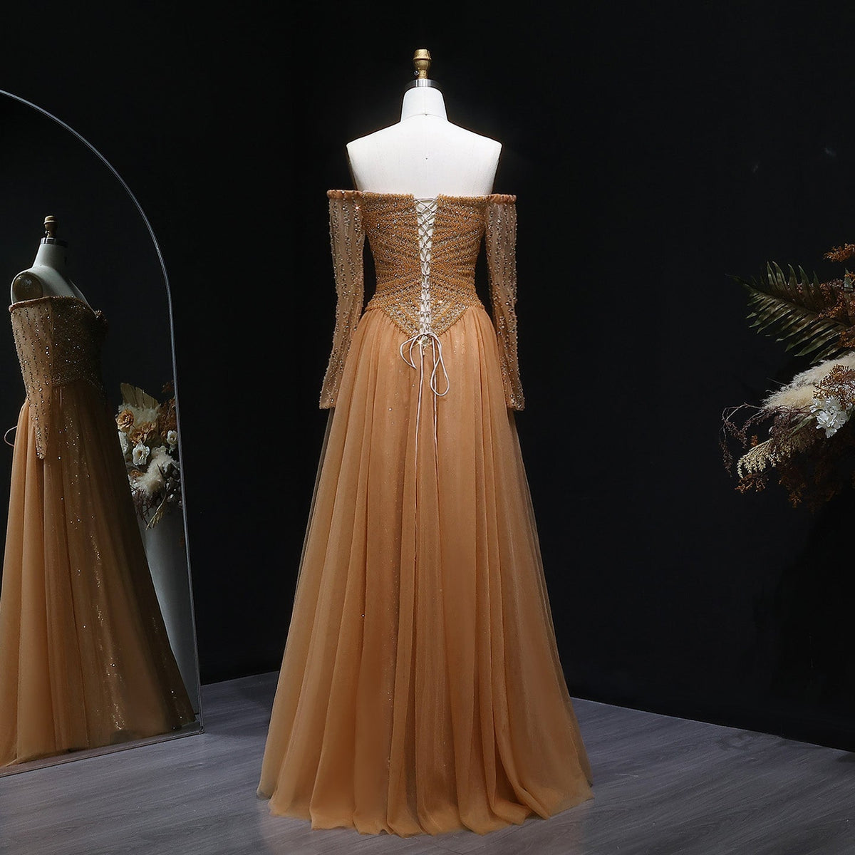 Luxury Champagne Off Shoulder Arabic Evening Dress SS116