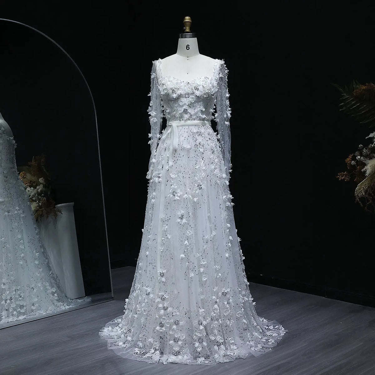 Gray 3D Flower Long Sleeves Evening Dress SS353-10